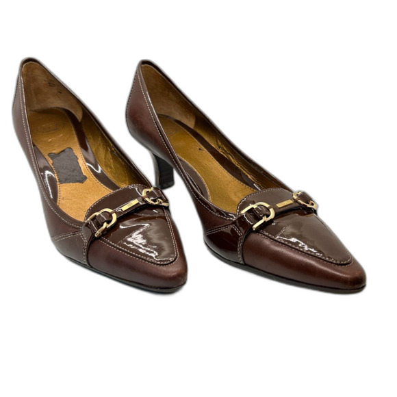 Joan & David Presley Brown Leather Patent Leather Horse-Bit Heeled Loafer 9M - Picture 2 of 15